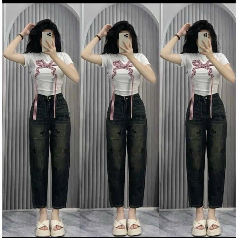 Quần Bò Baggy Jeans Lưng Chun Phối Túi Thêu Nơ, Quần Bò Jeans Denim Nữ Cạp Cao Dáng Baggy Hách Dáng Cực Đẹp 4