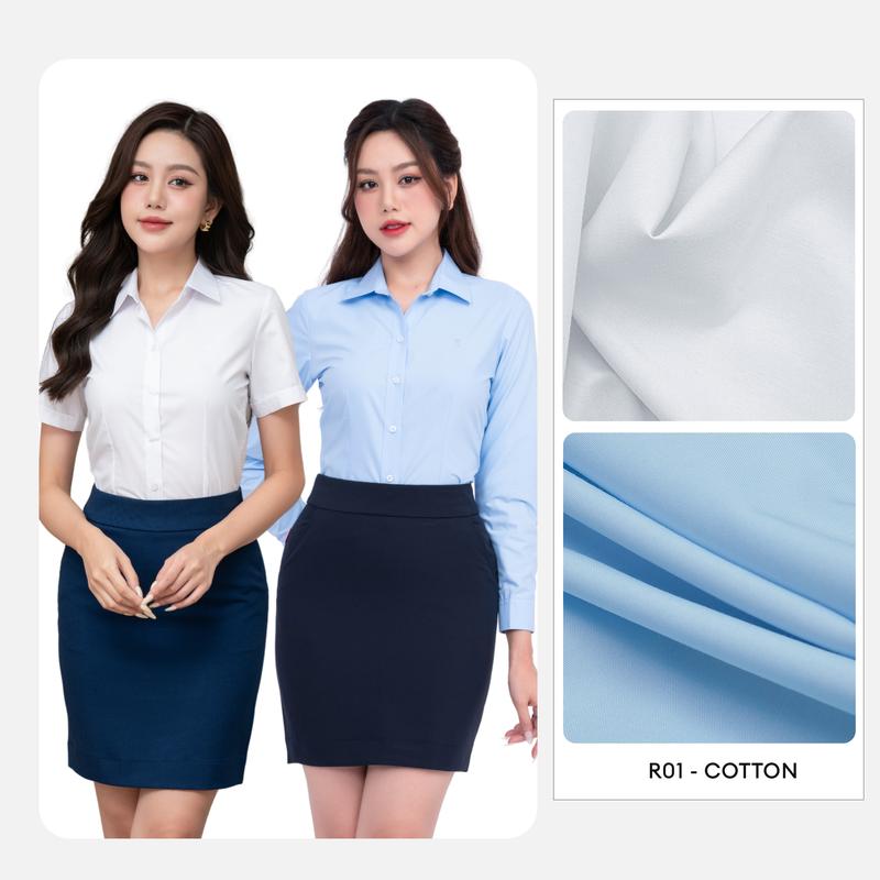 Set Áo R01 Trắng Cotton Dài Tay Chân Váy 239 Thái Hòa trắng trơn thanh lịch