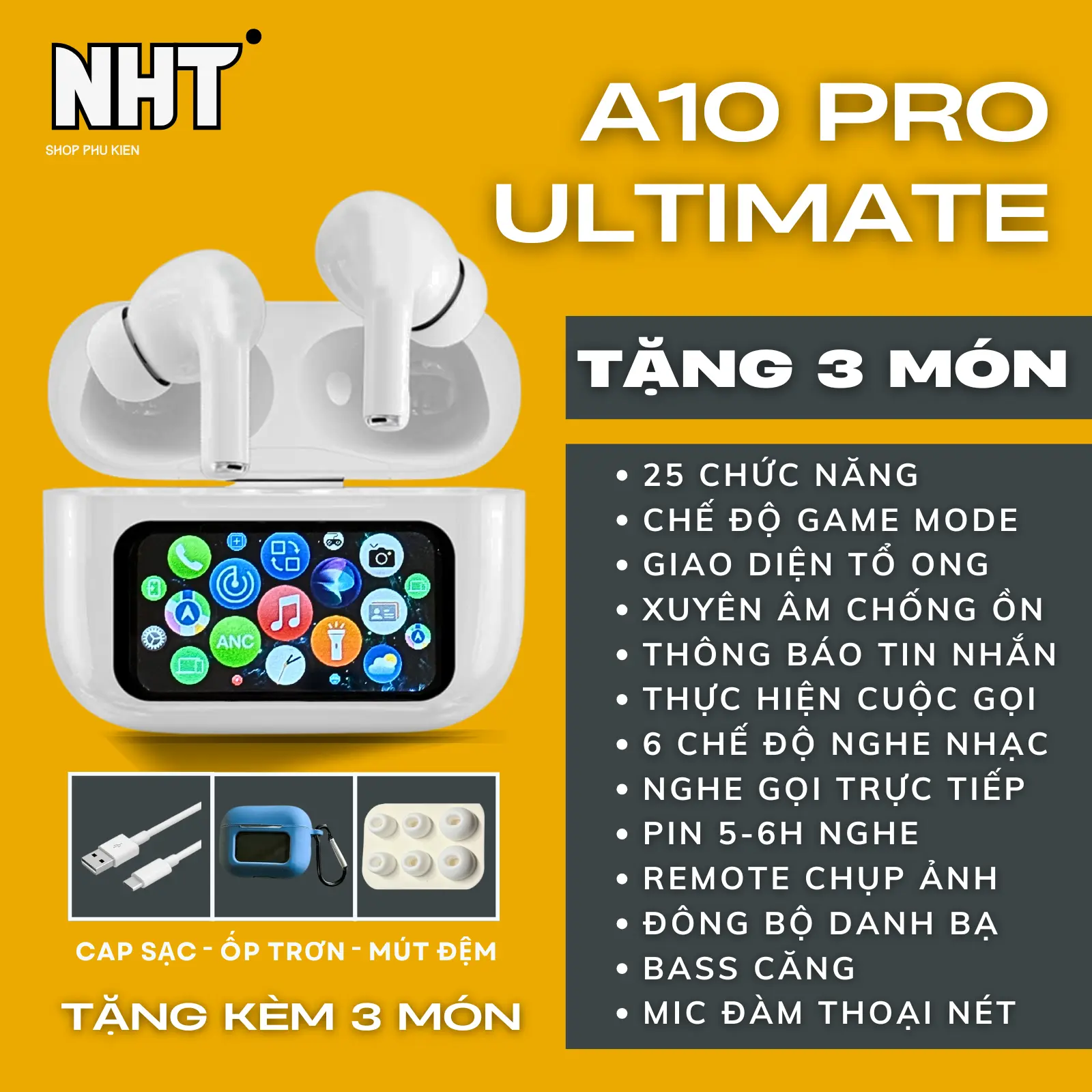 Tai nghe A10 PRO Bản Ultimate 25 Chức Năng - Bass căng, Pin 5-6h liên tục, Màn hình cảm ứng, Bluetooth, Xuyên Âm Chống Ồn 40db