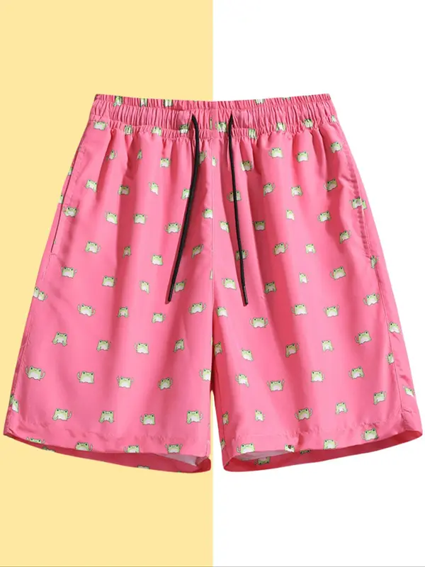 Men's Colorblock Cartoon Print Beach Shorts, Casual Elastic Waist Swim Shorts for Summer, Trendy Pool Gear & Family Beach Day Essentials 4