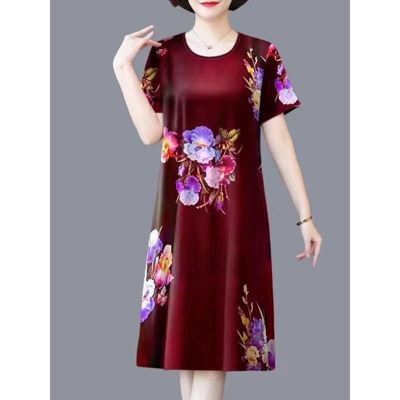 Váy Mùa Hè, Ngoại Cỡ, Cho Mẹ Trung Niên, Quá Gối, Vợ Và Mẹ TRUNG NIÊN Và CAO TUỔI, Váy ngắn Tay, Dáng Rộng Vừa Vặn, Thời Trang, Quần Áo Mùa Hè Nữ Women Dress Voan Đỏ 0