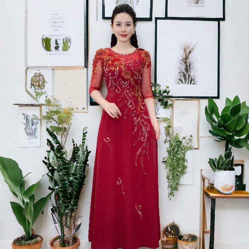 Áo dài dạ hội trung niên cao cấp mã AD86 Nữ Women a odai aodai mau jador dress ❧ ✪m☆ ♡ đỏ sang vàng 6