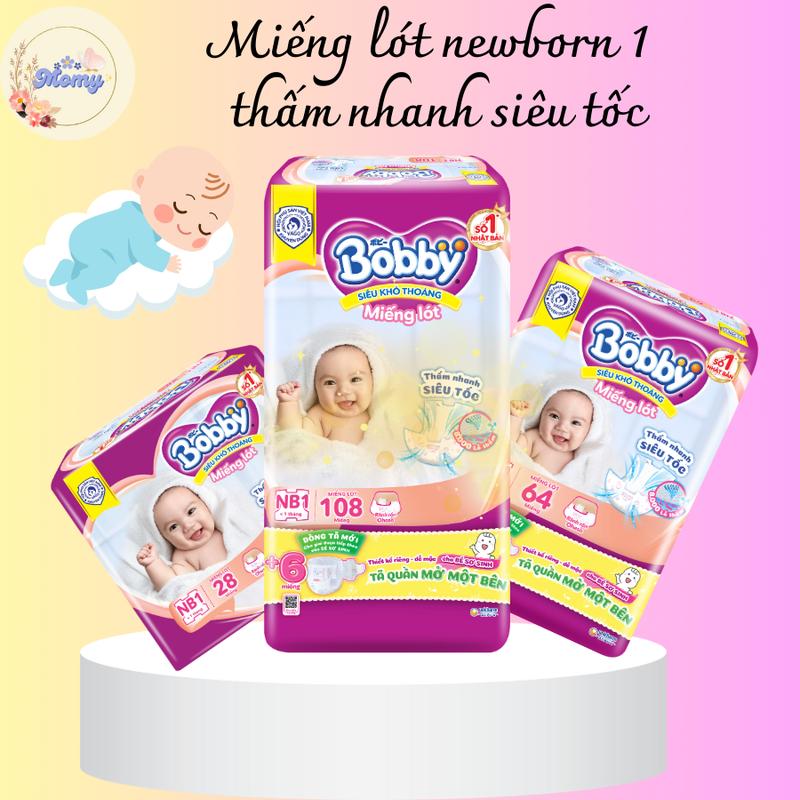 Miếng lót sơ sinh Bobby newborn 1 siêu khô thấm cho bé 28 miếng 64 miếng 108 miếng Momy Shop