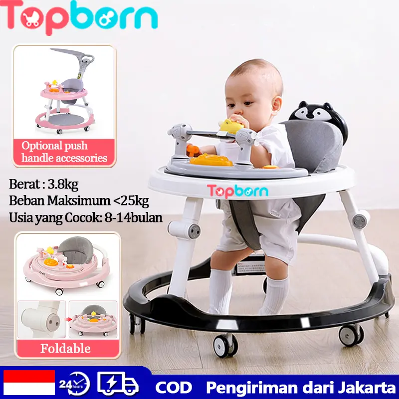 Topborn Baby Walker Alat Bantu Jalan Bayi Lipat Dengan Mainan Handle  Pilihan Berat Beban W08 Merah Jambu