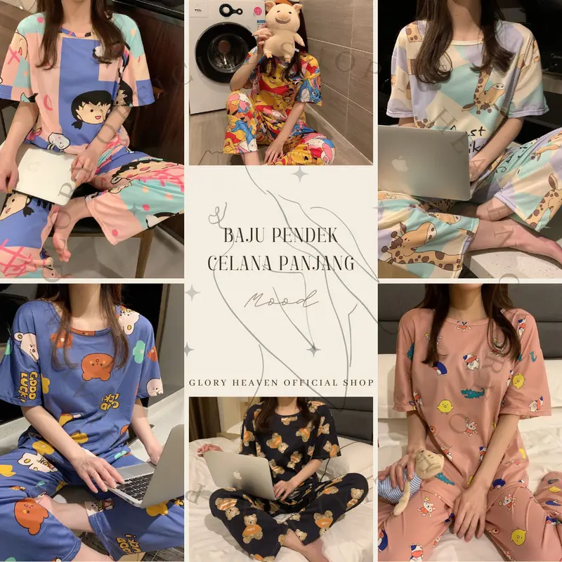 Glory Baju Tidur Wanita Lengan Pendek Celana Panjang | Piyama Pajama | Baju Tidur Set | Baju Rumah Set | Piyama Wanita Set Fit Dewasa 5