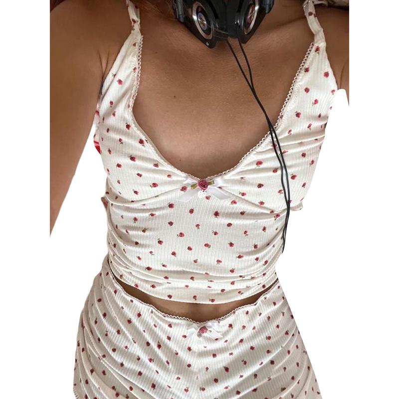 Women Pajama Set, Flower Print Sleeveless V-neck Camisole with Shorts 4