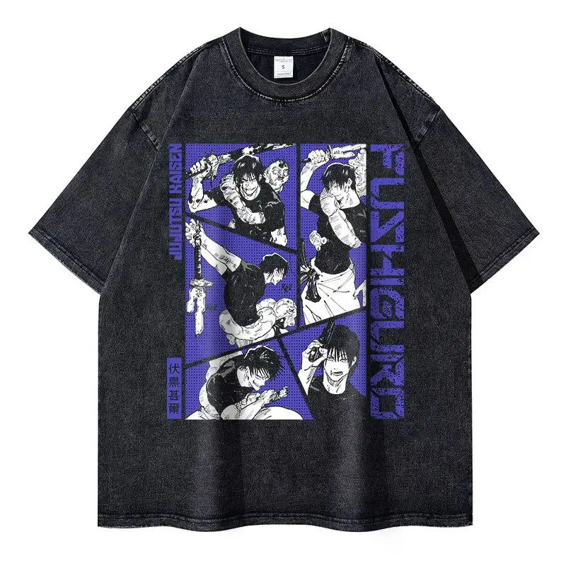 Anime T-shirt, washed retro T-shirt, retro streetwear, short sleeved T-shirt