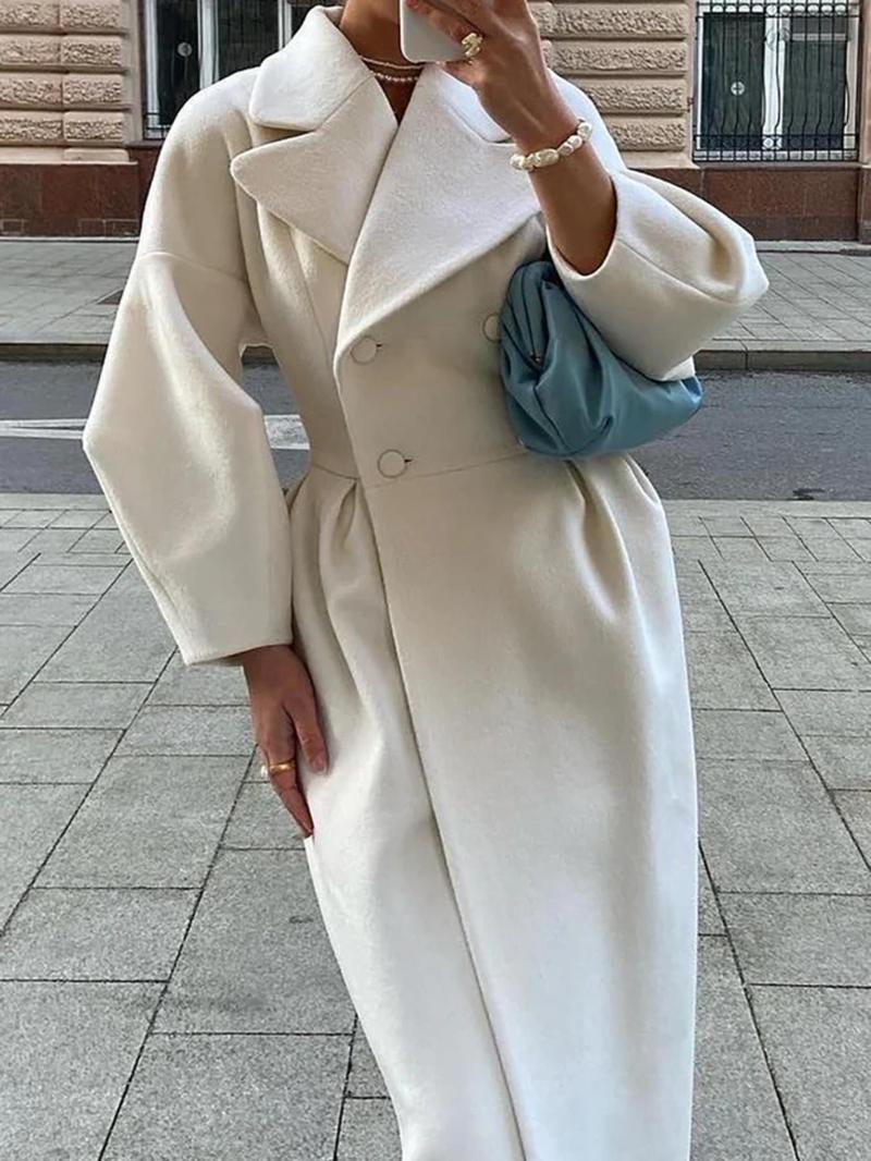 Product Introduction of Women's Solid Color Double Breasted Lapel Coat, Casual Lantern Sleeve Long Coat for Fall & Winter, Women's Clothing for Daily Wear 1