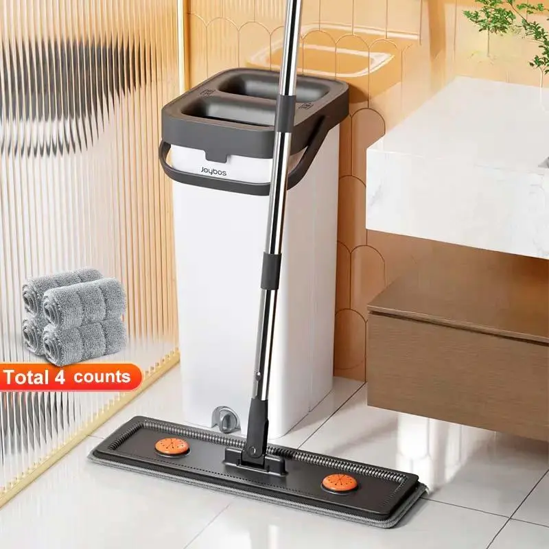 Mop & Bucket Set, 1 Set Handheld Flat Mop with 4 Mop Cloth, Wet & Dry Mop with Scraper, Household Cleaning Tool for Bedroom, Office, Wall