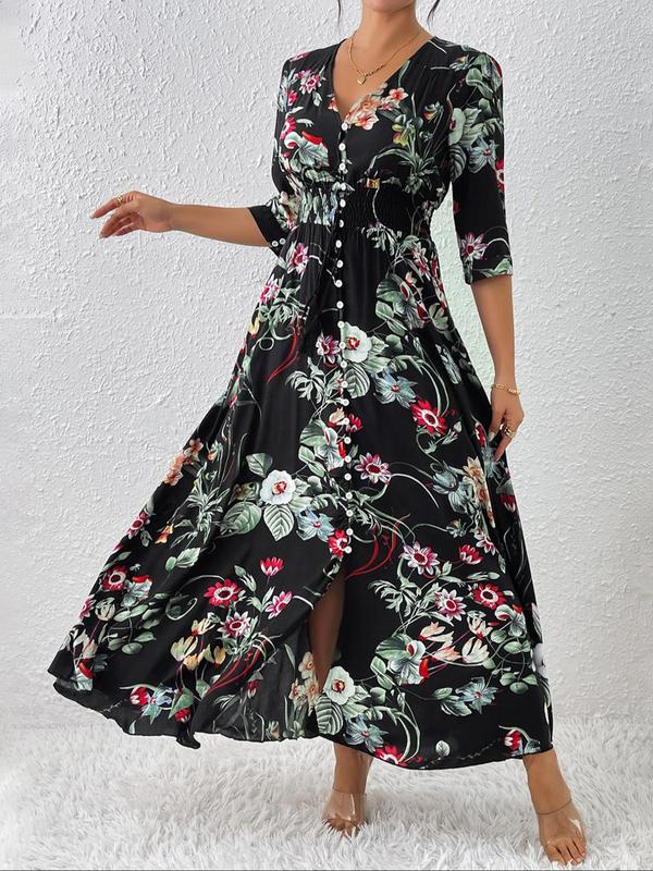 Women's Boho Floral Tied Button Front Split Long Maxi Dress, Casual Womenswear, Spring Summer Beach Vacation Half Sleeve V Neck A-line Dresses, Homecoming Dresses, Holiday Dresses, Ditsy Floral Dress 6