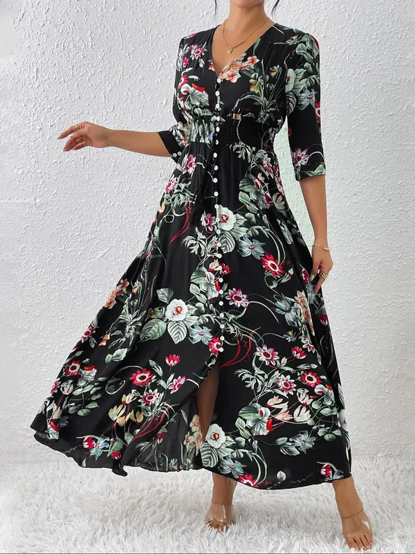 Women's Boho Floral Tied Button Front Split Long Maxi Dress, Casual Womenswear, Spring Summer Beach Vacation Half Sleeve V Neck A-line Dresses, Homecoming Dresses, Holiday Dresses, Ditsy Floral Dress 6