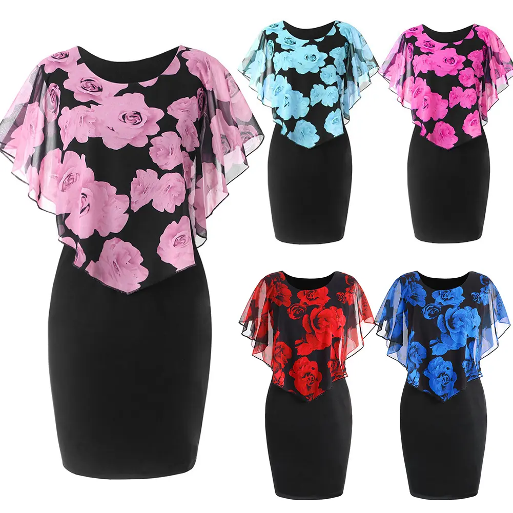 euyuxan Plus Size Elegant Office Lady Rose Flower Print Cape Bodycon Knee Length Dress