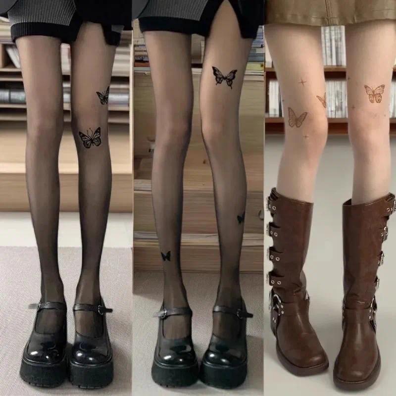 Quần Tất Bướm, Phong Cách Y2K Nữ, Màu Xanh Dương, Lưới khoét Quần Tất Lolita, Đáy Ren Ống Dài, Thoáng Khí, Thích Hợp Cho Mùa Hè