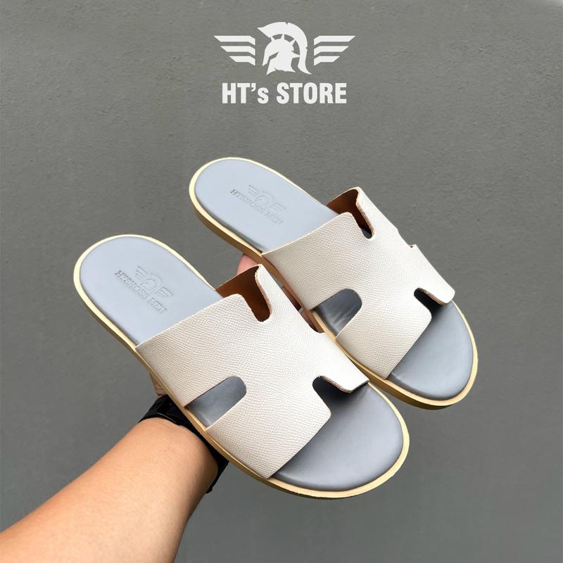 Dép quai ngang nam chữ H quai da kem nhạt mặt ghi xám đế cao su giả gỗ cao cấp boy phố - MẪU HOT HIT 2024 Đế Bằng