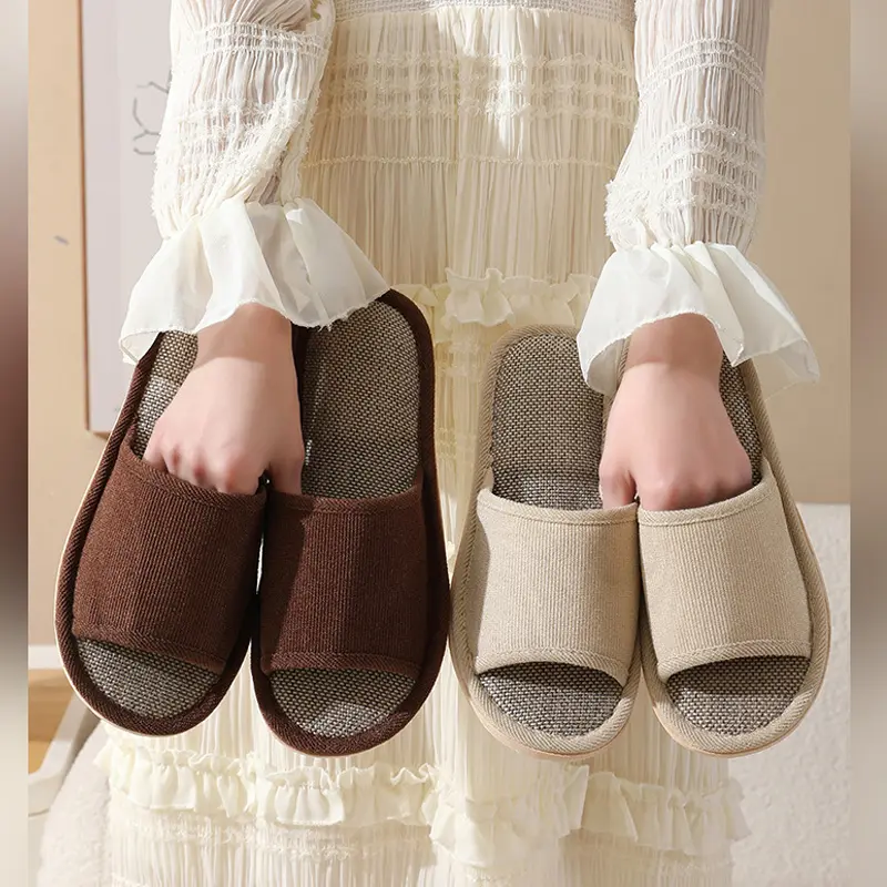 Linen Slippers Indoor Home Breathable Women Men Slides Linen Couples Anti-slip Shoes Beach Sandals Shoes Comfortable Flats Footwear Girl