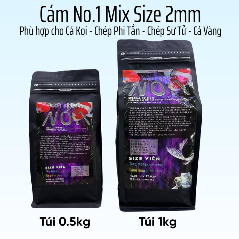 Cám cá cảnh No.1 Mix size nhỏ 2mm-3mm cho cá chép phi tần , cá koi , cá vàng , cá chép sư tử - túi zip tiện lợi 2 size 1kg và 0.5kg