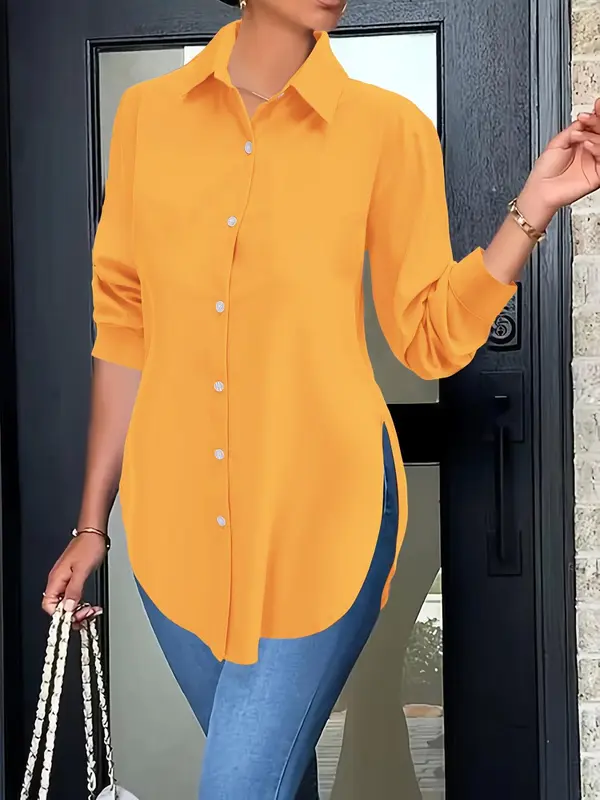 Women's Plain Button Front Shirt, Casual Curved Hem Long Sleeve Collared Top for Spring & Fall, Ladies Clothes for Daily Wear 0