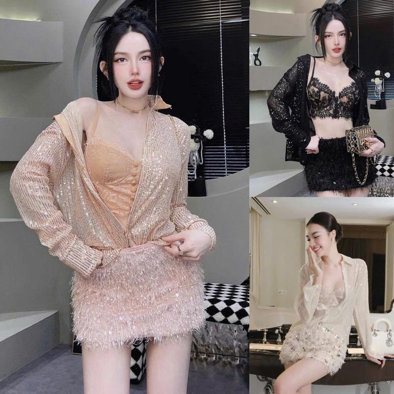  BIGSIZE HIẾU HIẾU  55-95KG  - Set thời trang nữ thiết kế 3 món Áo sơ mi kim sa tay dài + Bra + Chân váy bling bling 