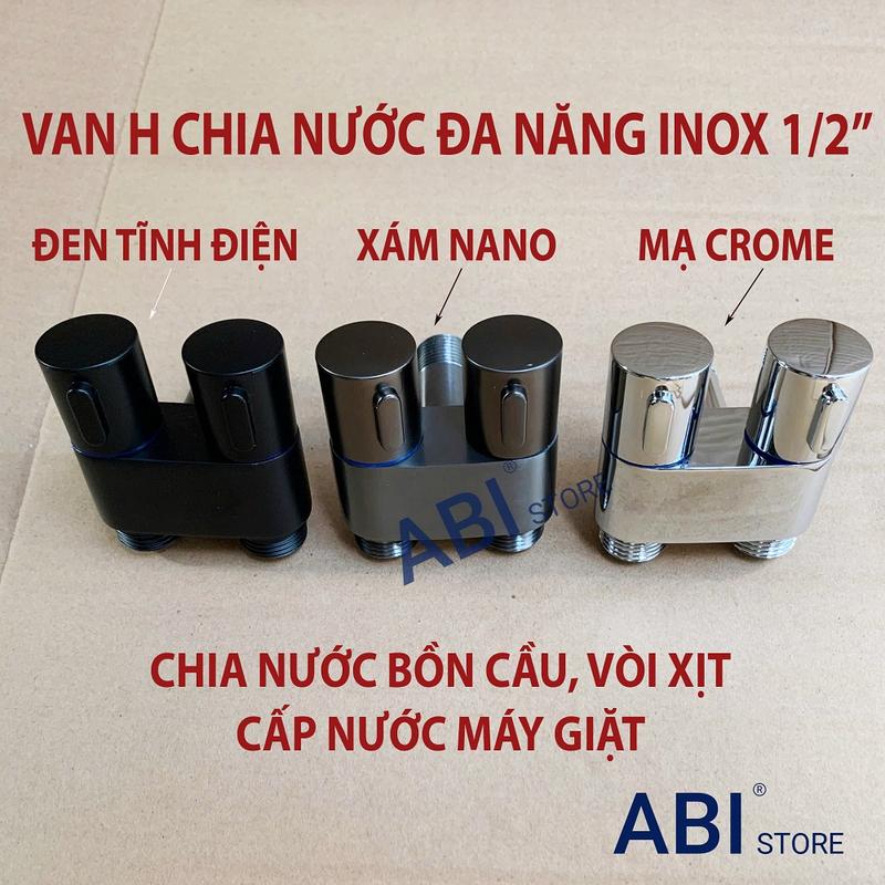 Van chia nước bồn cầu vòi xịt vệ sinh cấp nước máy giặt chữ H inox chống gỉ 2 van khóa mở khoá