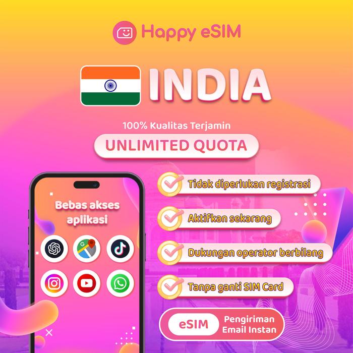 Gambar Happyesim eSIM India Unlimited Kuota Internet Instant Use | eSIM Travel India Kuota | eSIM India - Total 3GB, 3 HARI dari Happyesim Kota Tangerang Tokopedia