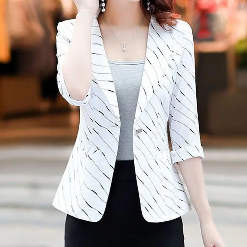 S-4XL Women Blazer Jacket Stripe Thin Three Quarter Sleeve Slim Spring Summer Autumn Fashion Casual Elegant Office Work Suit Plus Size Black White Orange Blue