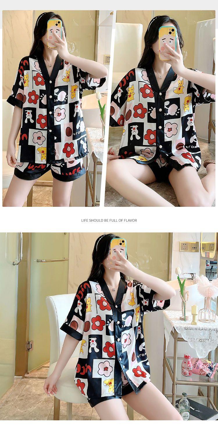 Product Introduction of Women's Pajamas 2022 New Summer Thin Ice Silk Cardigan Camellia Set Short Sleeve Cartoon Princess Style Loungewear 10