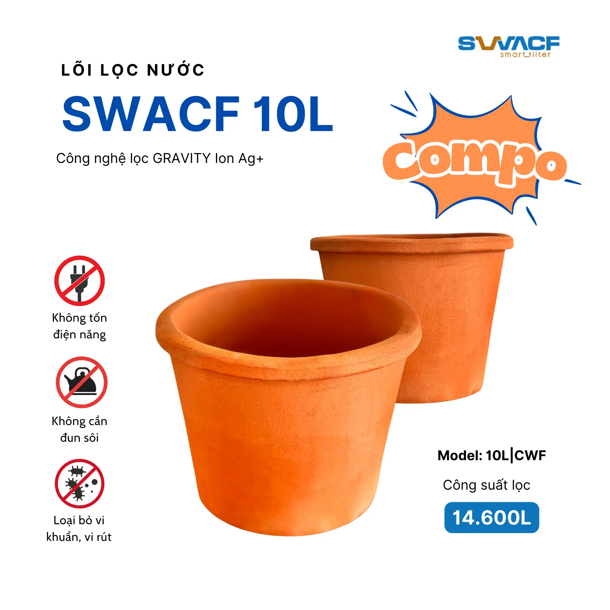 Compo 2 lõi lọc nước uống trực tiếp SWACF 10L CWF, tốc độ lọc 2-4 lít/giờ, giữ khoáng thiết yếu
