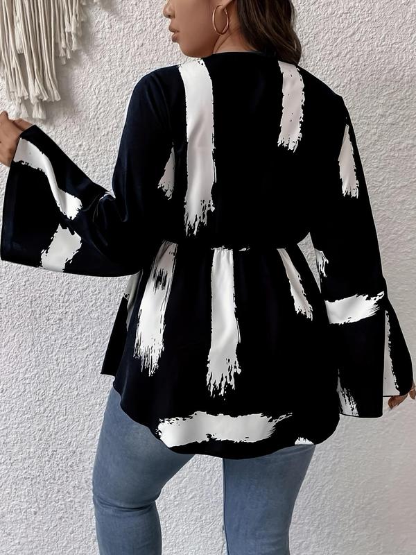 Plus Size All Over Brush Print Wrap V Neck Flounce Sleeve Blouse, Plus Casual Peplum Hem Long Sleeve Top for Women, Women Plus Clothing for All Seasons 1