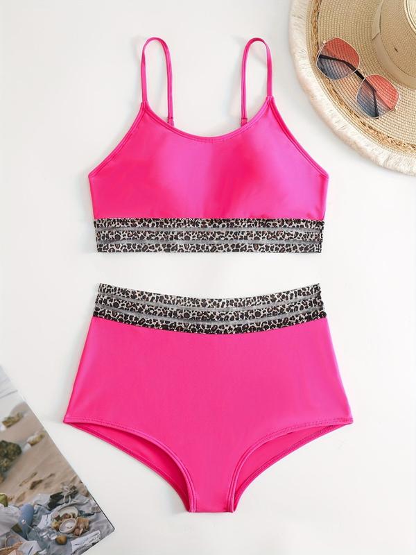 Women's Leopard Print Contrast Mesh Bikini Set, Casual Scoop Neck Swim Cami Top & High Waist Swim Panty Set, Ladies 2024 Trendy Swimwear for Summer 7