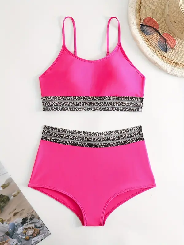 Women's Leopard Print Contrast Mesh Bikini Set, Casual Scoop Neck Swim Cami Top & High Waist Swim Panty Set, Ladies 2024 Trendy Swimwear for Summer 7