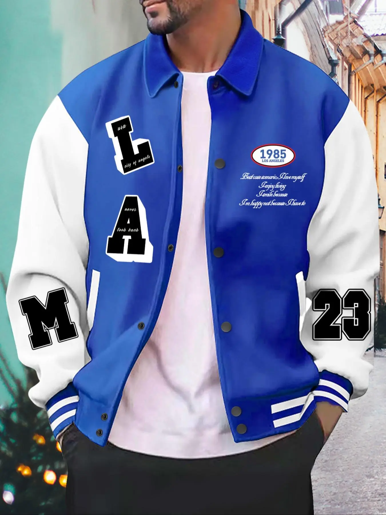 Men's Colorblock Letter & Figure Patchwork Pocket Varsity Jacket, Regular Fit Casual Drop Shoulder Long Sleeve Button Front Outerwear for Fall & Winter, Men's Clothes for Daily Wear