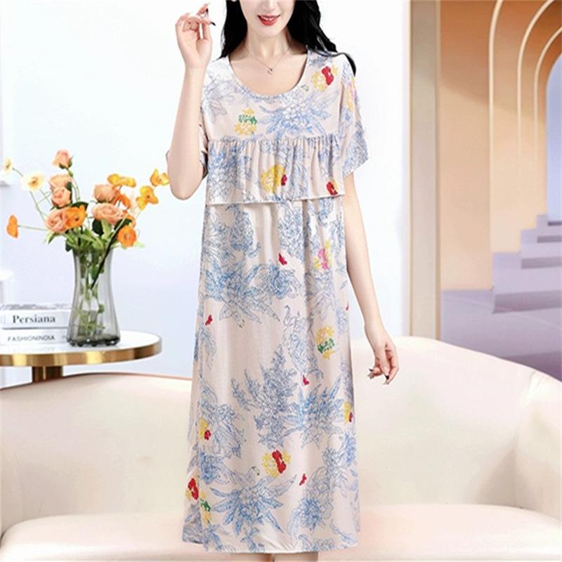 Product Introduction of Strictly Selected Printed Artificial Cotton Nightdress Women's Summer High-Grade Ice Silk Skirt Thin Short Sleeve Pajamas plus Size A- line Dress 7