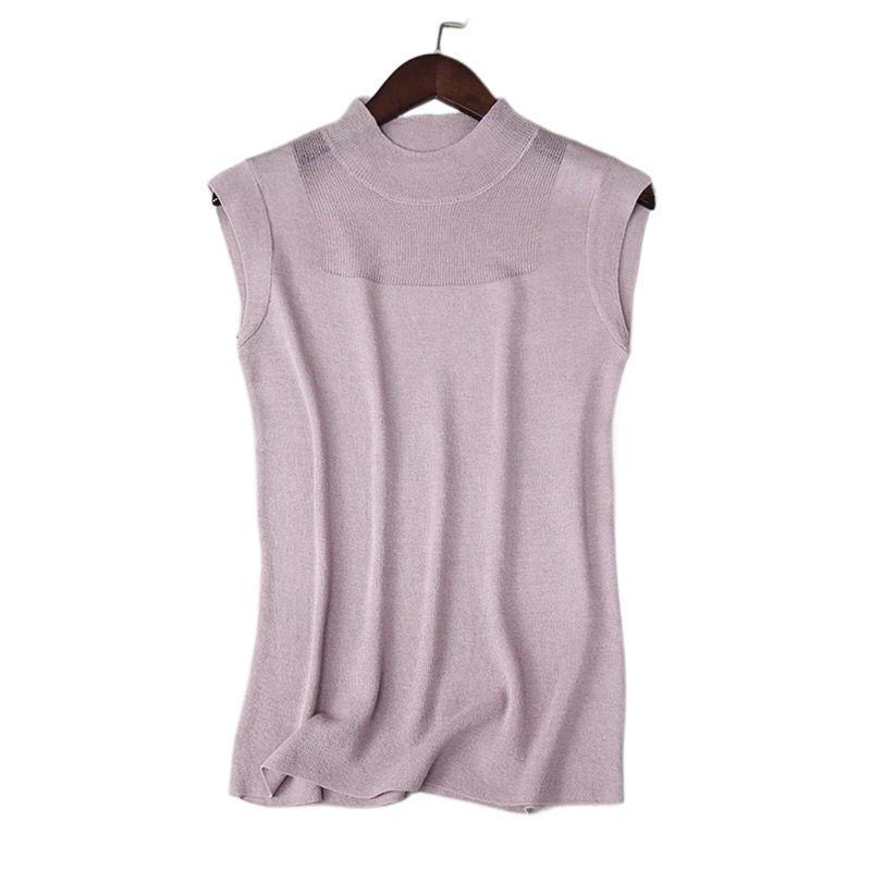 Product Introduction of Knitted Camisole Women's Spring and Autumn Bottoming Shirt Half Turtleneck Outer Wear Sleeveless Ice Silk T-shirt Women's Knitwear Short Sleeve Womenswear Tops 4