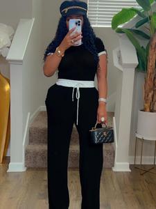 Women's Colorblock Side Stripe Drawstring Waist Pants & Round Neck Crop Tee Two-piece Set, Casual Fashion Cozy Two Piece Outfits for Daily Outdoor Wear, Ladies Clothes for All Seasons