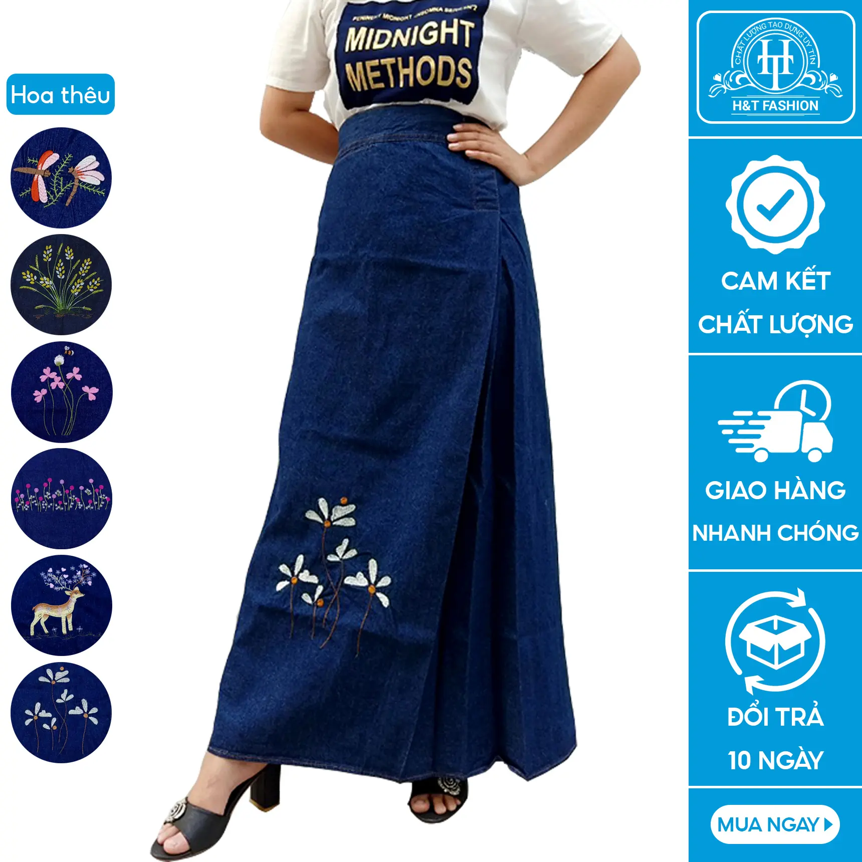 Chân Váy Chống Nắng Cao Cấp Cho Nữ Vải Jean Cotton Dày Mềm Thêu Họa Tiết H&T FASHION