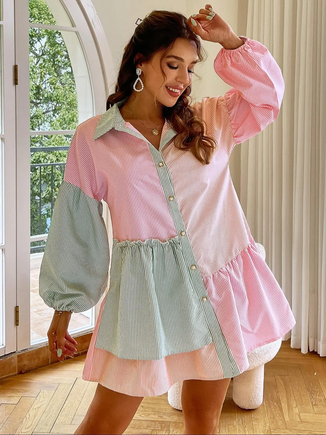 Women's Colorblock Striped Print Button Front Dress, Casual Bishop Sleeve Collared Short Dress for Daily Wear, Ladies Clothes for All Seasons