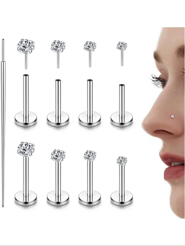 Rhinestone Decor Nose Studs, Stainless Steel Nose Rings, Body Jewelry for Women & Men, Hypoallergenic Piercing Jewelry 3