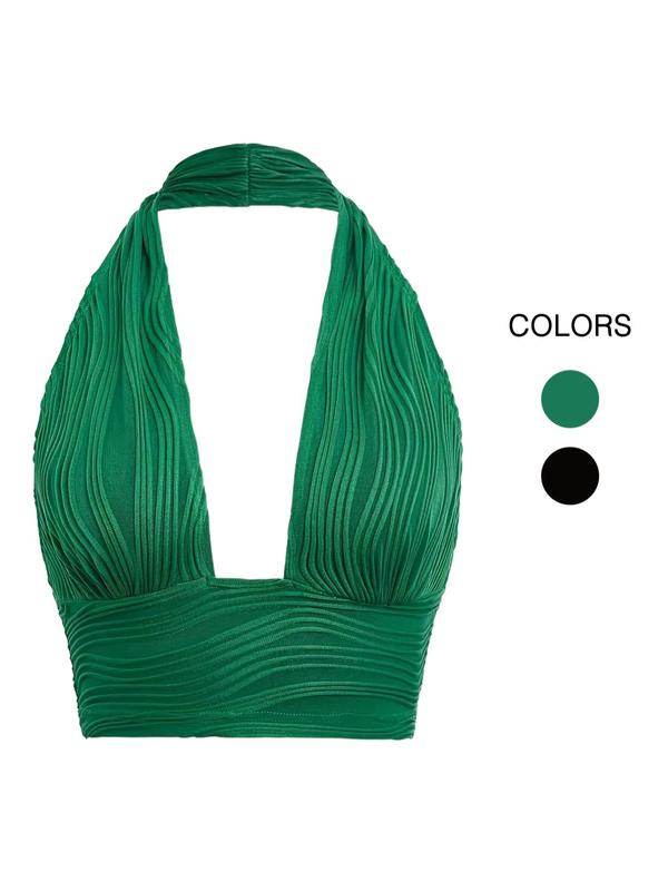 Women's Textured Plunge Neck Sleeveless Halter Crop Top, Trendy Backless Crop Tank Top for Party Holiday Beach, Summer Clothes Tops 4