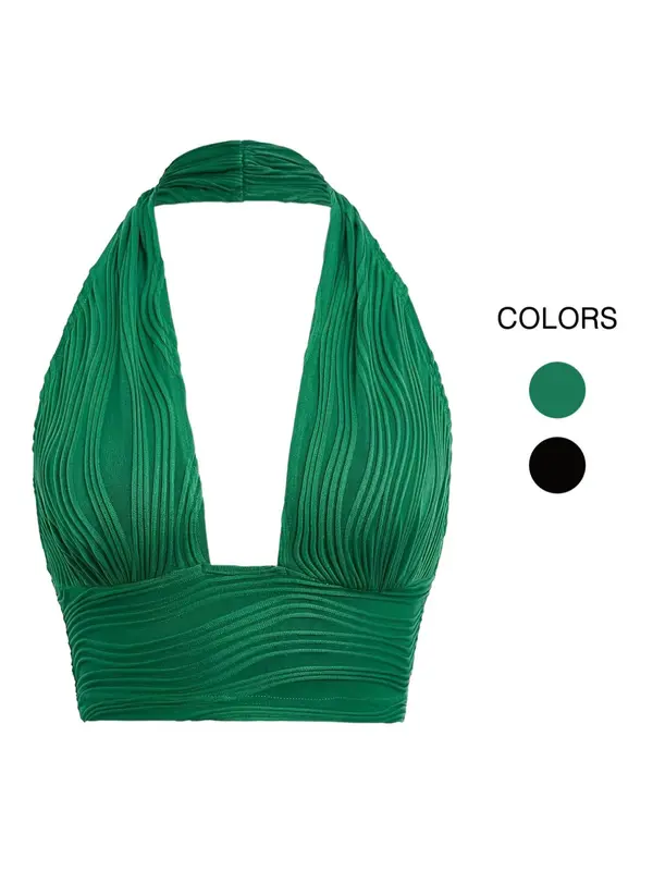 Women's Textured Plunge Neck Sleeveless Halter Crop Top, Trendy Backless Crop Tank Top for Party Holiday Beach, Summer Clothes Tops 4
