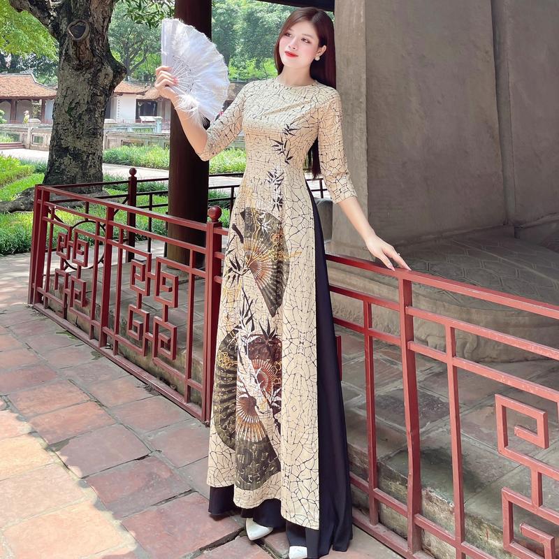 Áo dài lụa nhật in 6D - MÃ LV66 Nữ Women Dress Nhung Sen Kem Voi 1