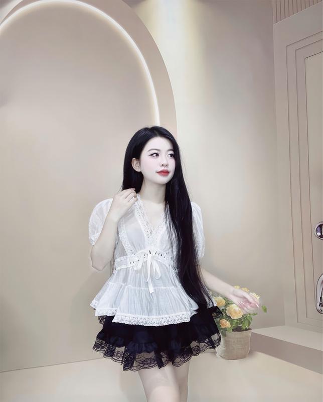 Sét bộ áo Thiểu thư cộc tay cổ V Mix Dây Đan Thắt Eo Kemc Chân Váy Tầng Xoè Trẻ TRung 3
