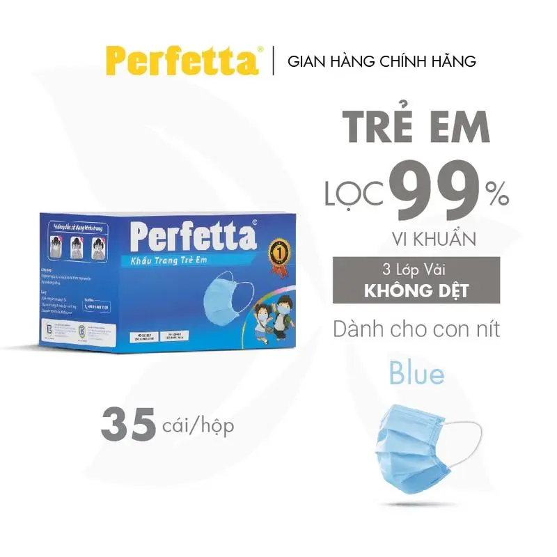 Khẩu trang cao cấp Perfetta Children dành cho trẻ từ 6 đến 12 tuổi, đóng gói riêng từng cái (35 cái/hộp)