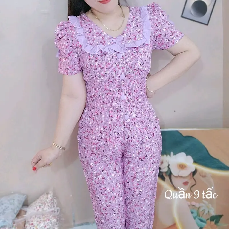 (M6Quần 8 tấc)Đồ bộ nữ áo dập ly tay búp phồng vải lụa hàn nhiều họa tiết Voi ngủ thư tiểu pizamanu 1