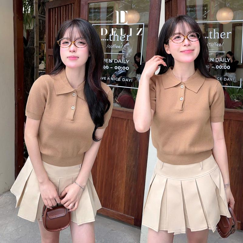 DELIZ - Áo len Sarah cộc tay bản mới phối viền nổi bật tông màu basic nhẹ nhàng - PL03