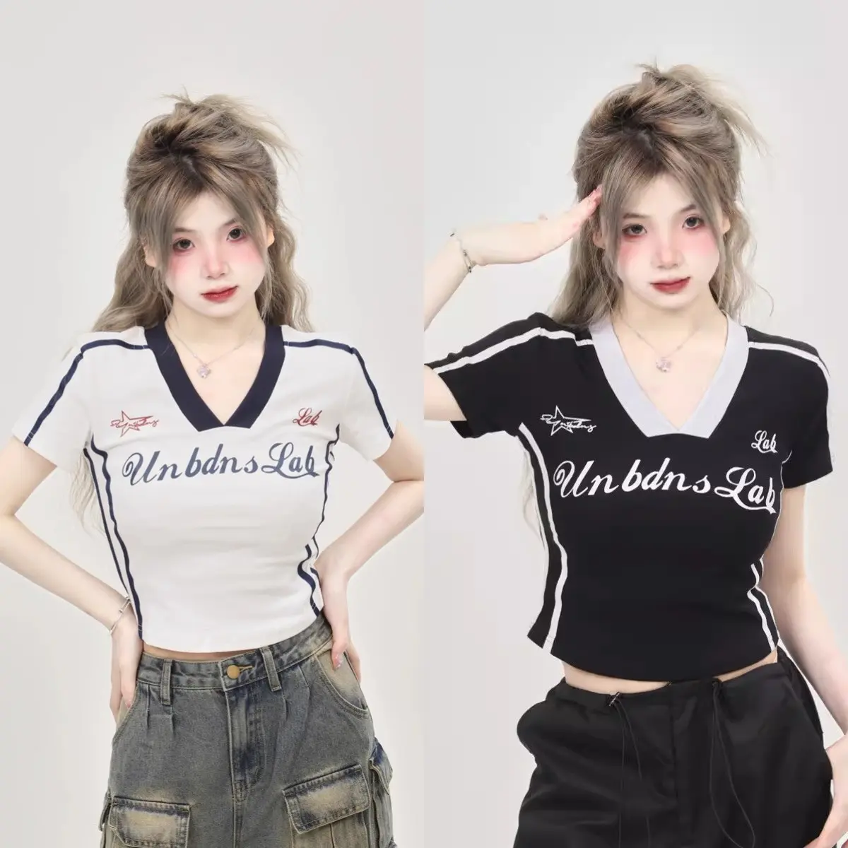 American right shoulder sexy V neck short sleeve T-shirts for women 2024 New Design sweet and spicy crop top