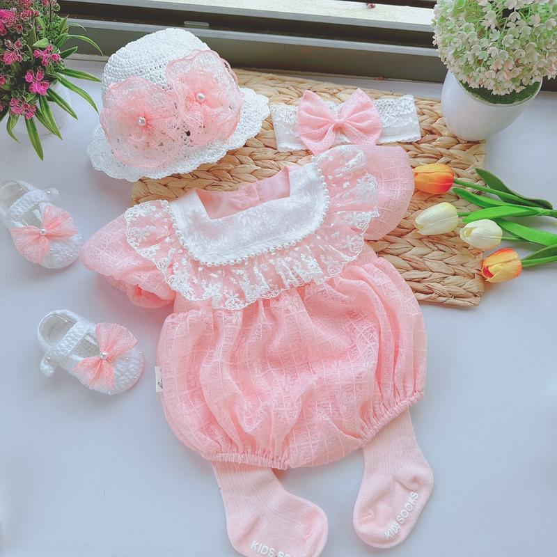 Made By Hằng - Bộ Body Ren Nhật Hồng Cổ Vuông Cho Bé Từ 3-10kg Bé Gái Sơ Sinh Chất Liệu Len Cotton Mềm Mại Lót Lụa 2 Lớp An Toàn Cho Da