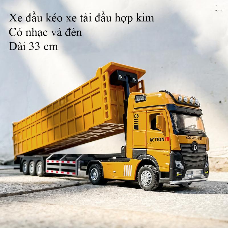 Đồ chơi mô hình xe đầu kéo xe ben bằng hợp kim có nhạc và đèn chạy cót dài 33 cm nâng hạ thùng mở cửa Toy Pin Kim Tuyến