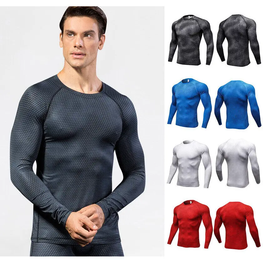 Men Sport Long Sleeve Quick Dry Gym Compression Under Base Layer Shirts Tops