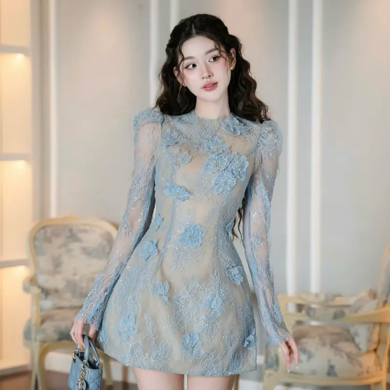 Đầm ren tay dài hoa kết thủ côg đá đính full đầm cao cấp
