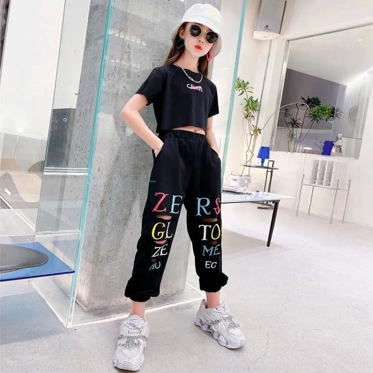 JS26 one set setelan anak perempuan atasan crop celana joger hiphop style / baju anak tanggung 8